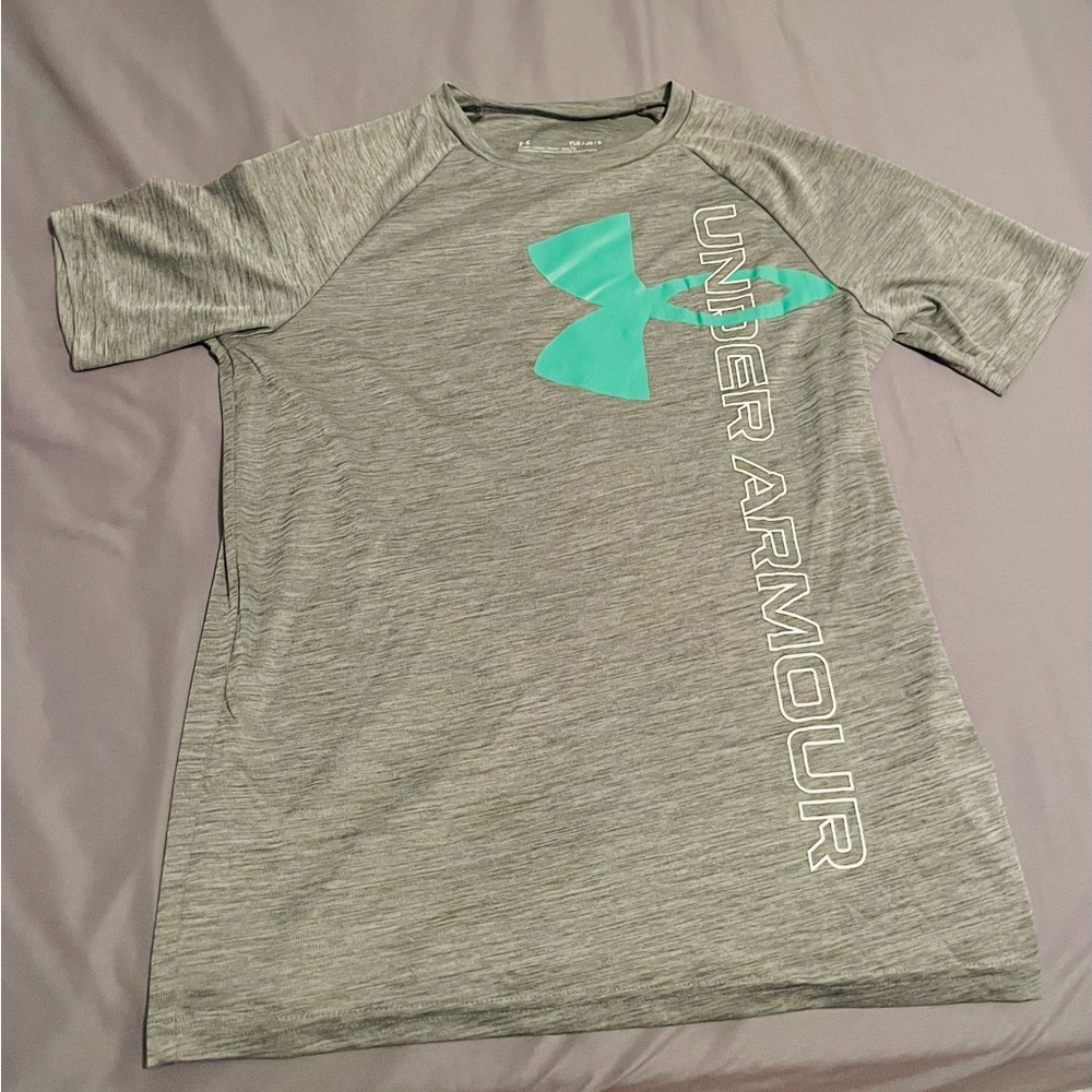 Youth size large Under Armour Gray and Green T-Shirt